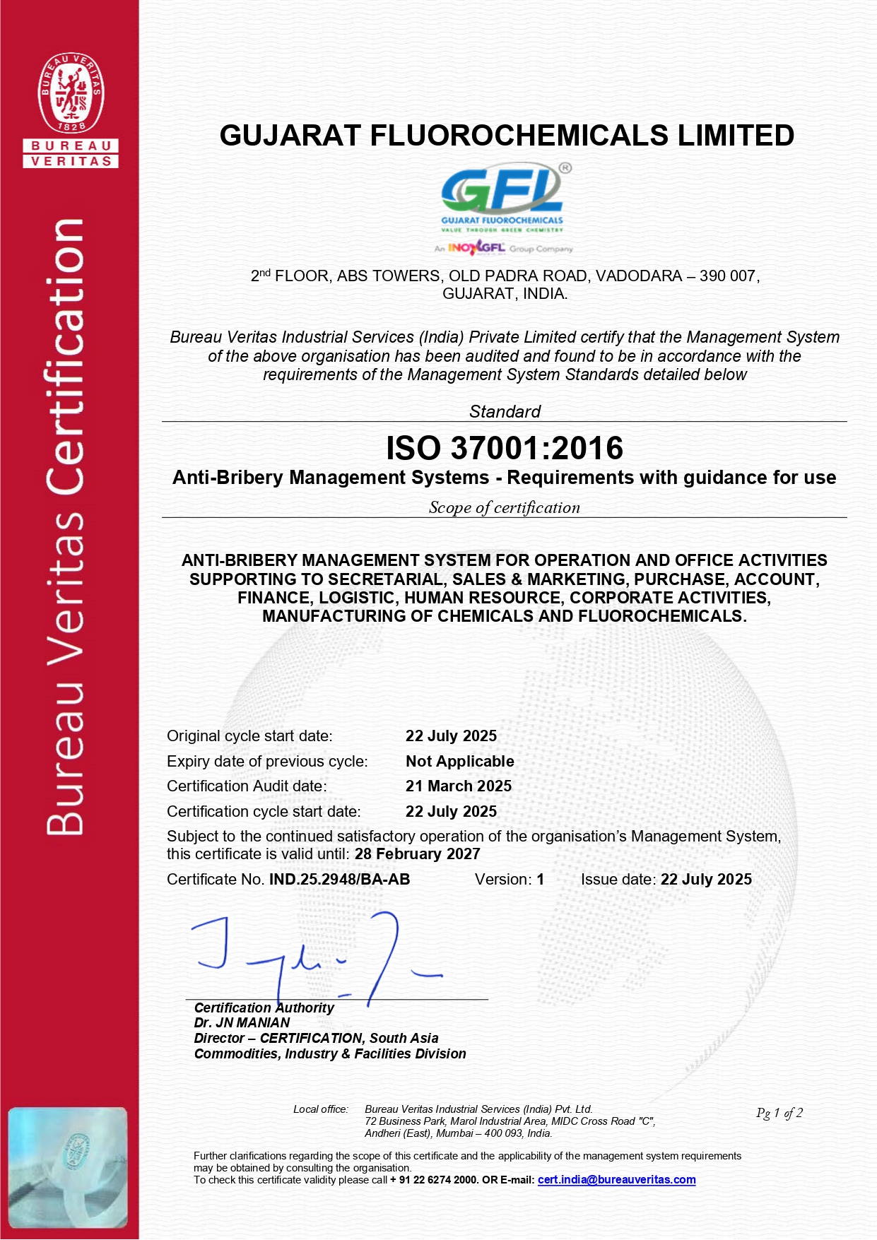 GFL Registration certificate